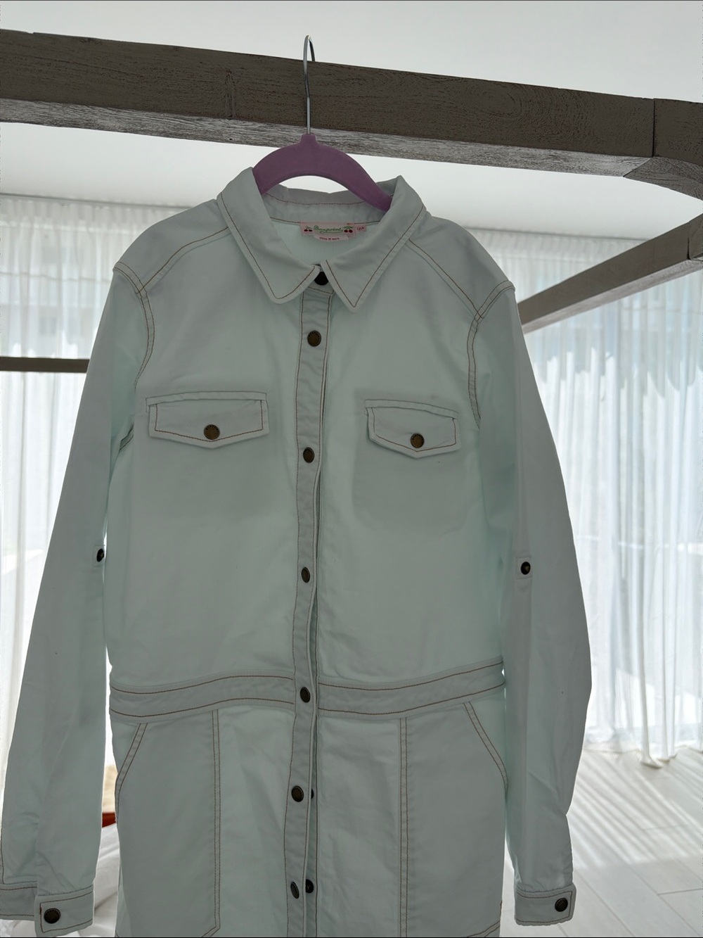 Bonpoint Paris light blue/ecru denim utility shirt dress -Kids